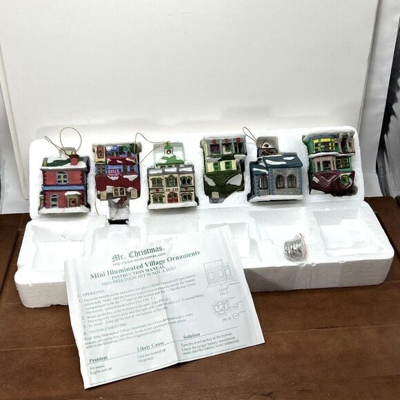 Set of 6, Mr. Christmas‎ Mini Illuminated Village Music Box OrnamentsNEW